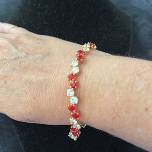 - Red and White Simulated Stone Tennis Bracelet 925 Silver with gold tone …